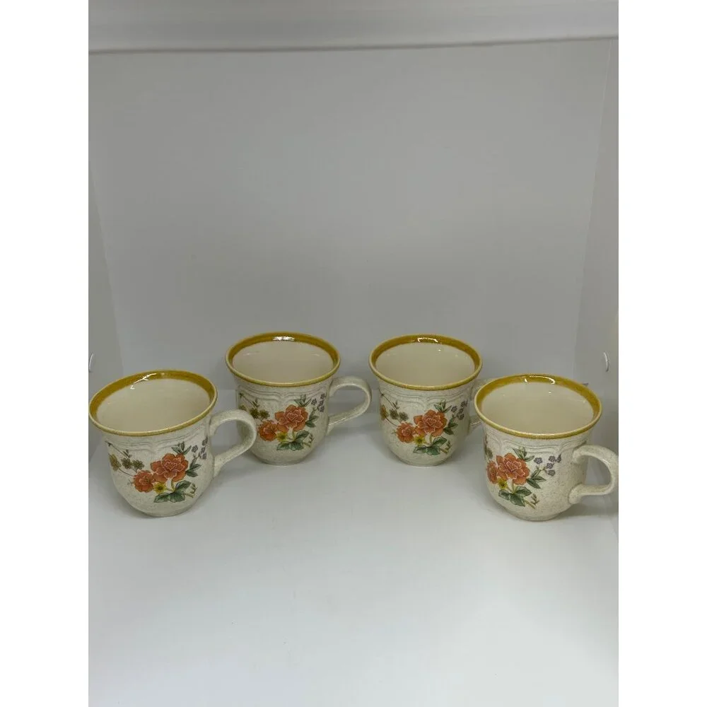 VTG Mikasa‎ Silk Bouquet Garden Club 4 Coffee Tea Cups Floral Stoneware 3.5